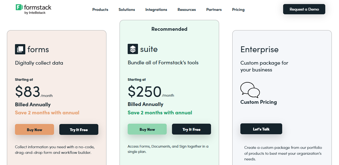 Plans under the Forms category focus on creating and managing forms