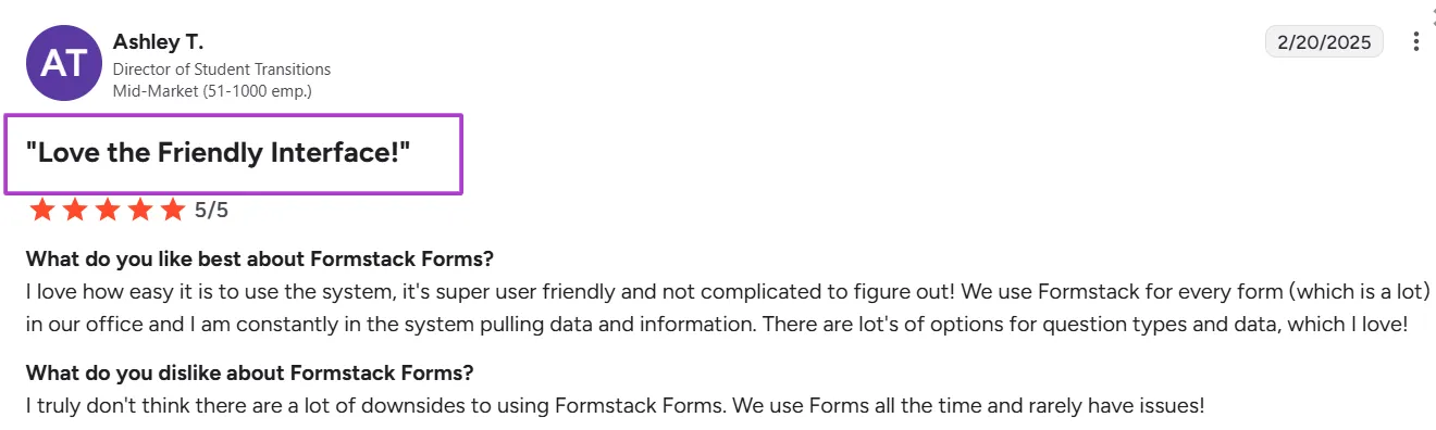 G2 Review of Formstack by Ashley T., the Director of Student Transitions