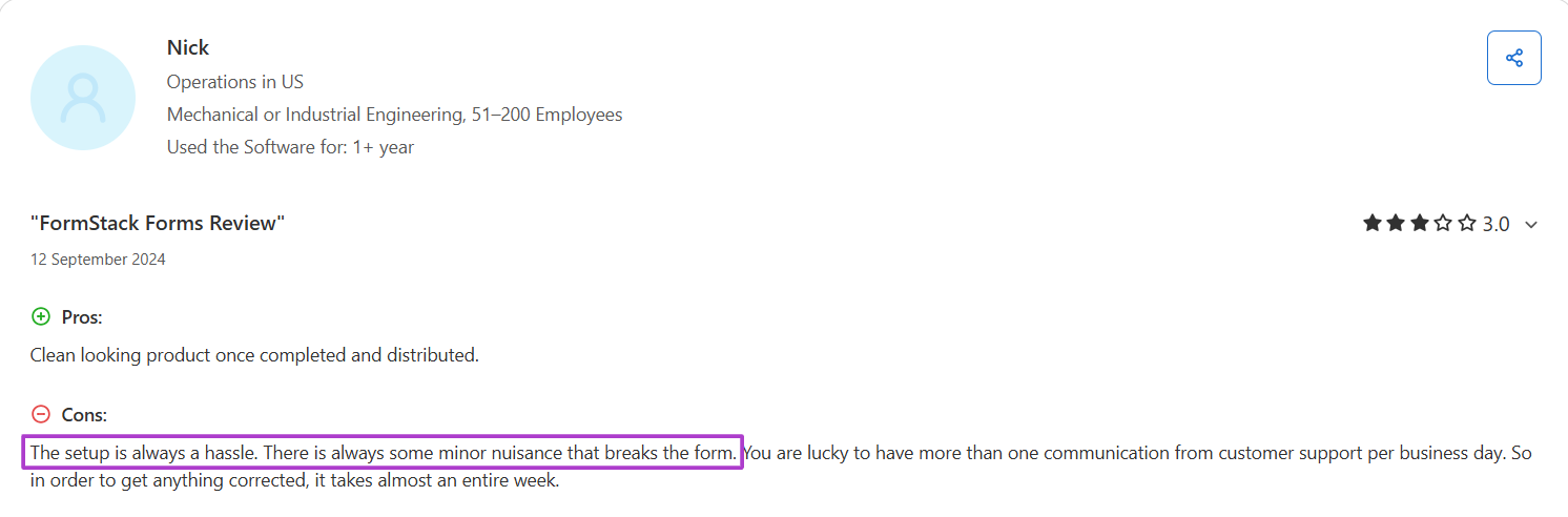 Nick’s 3-star Review of Formstack on Capterra