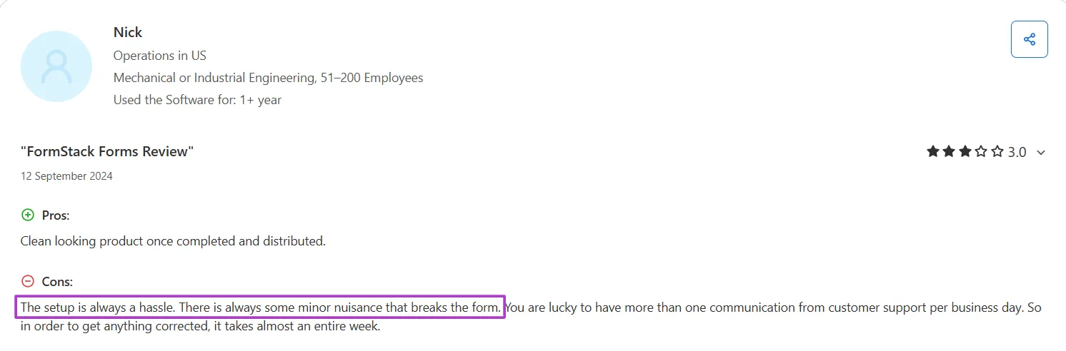 Nick’s 3-star Review of Formstack on Capterra