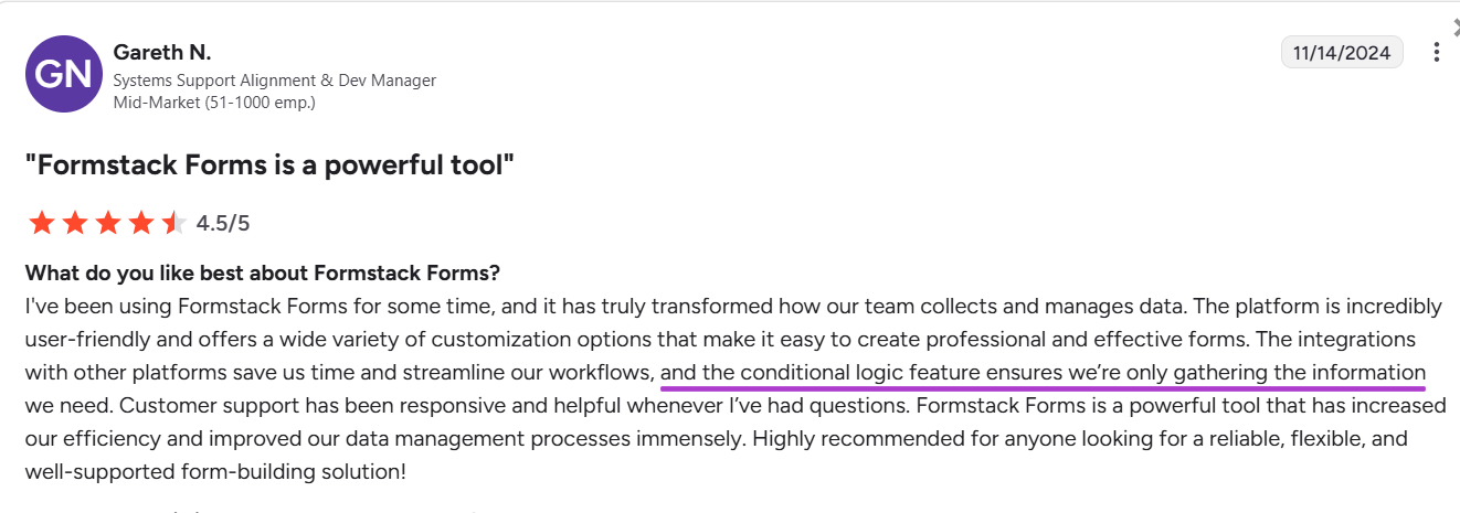 Gareth N.’s Review of Formstack on G2 with 4.5 Stars