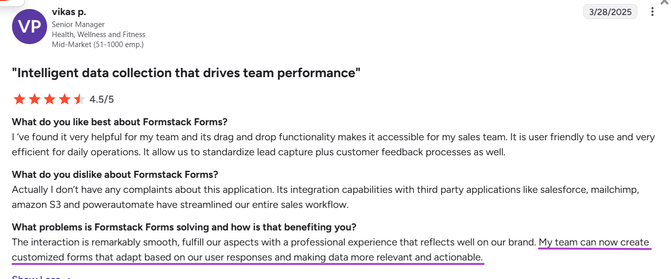 G2 Review of Formstack by Vikas P.