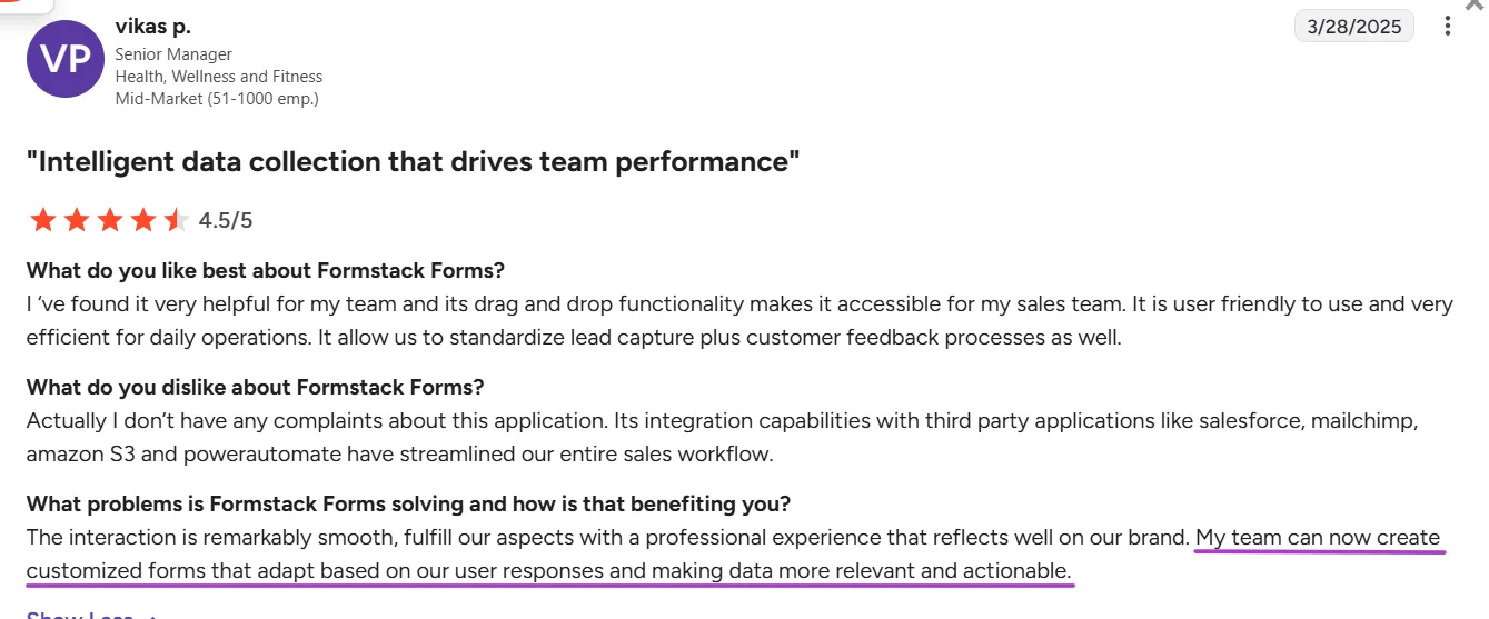 G2 Review of Formstack by Vikas P.
