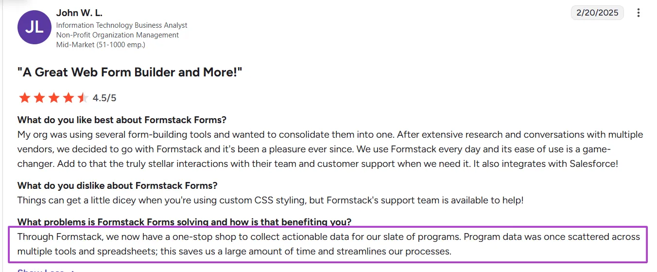  John W. L.’s Review of Formstack on G2