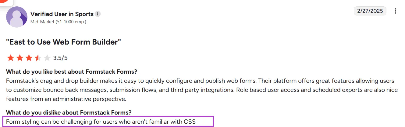 Review of Formstack on G2 by a Verified User from the Sports Sector