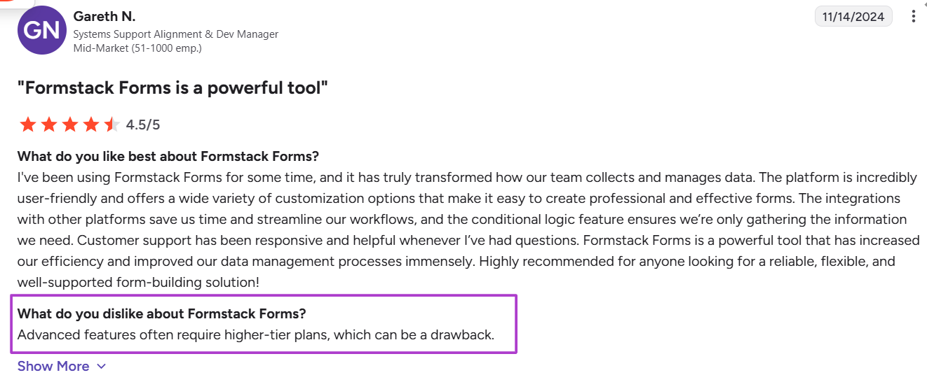 Gareth N.’s Review of Formstack on G2 with 4.5 Stars