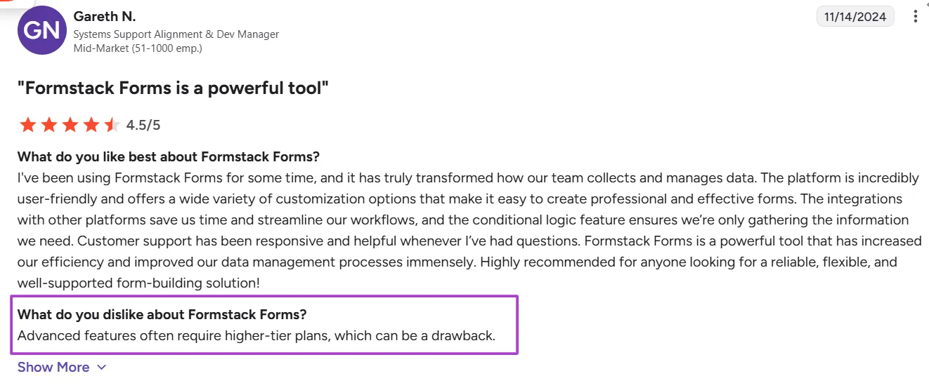 Gareth N.’s Review of Formstack on G2 with 4.5 Stars