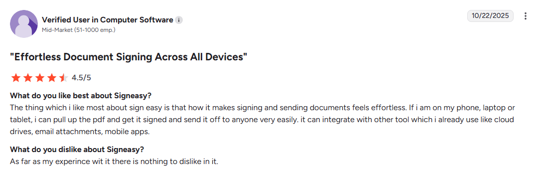 Verified User review for Signeasy highlights strong mobile capabilities