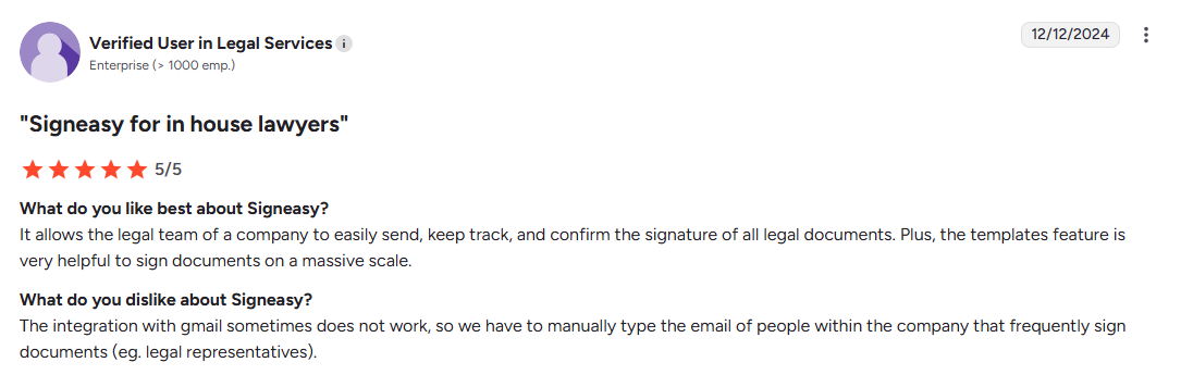 Signeasy allows legal teams to easily track and confirm signatures