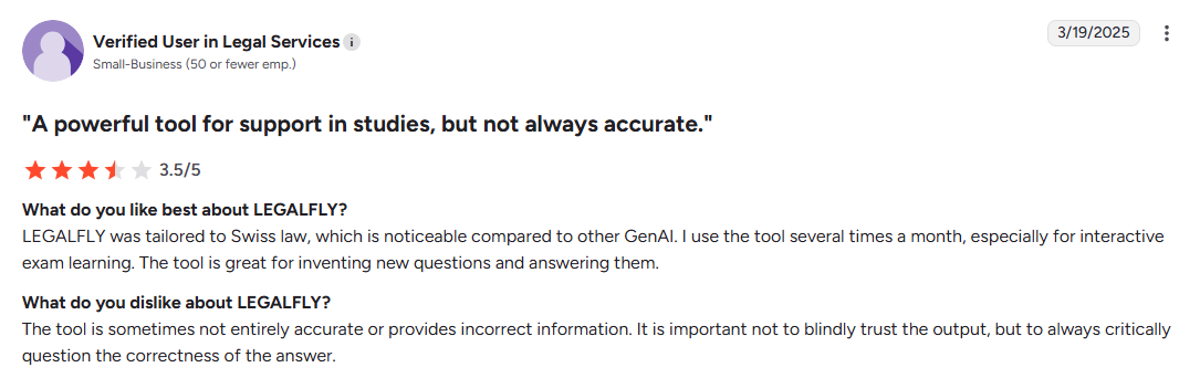 User review praises LEGALFLY's Swiss law support but notes inaccuracy
