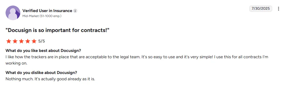 User praises Docusign's simple interface and legal team approved trackers