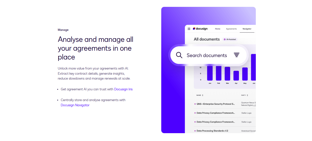 Docusign navigator interface for searching and managing all agreements