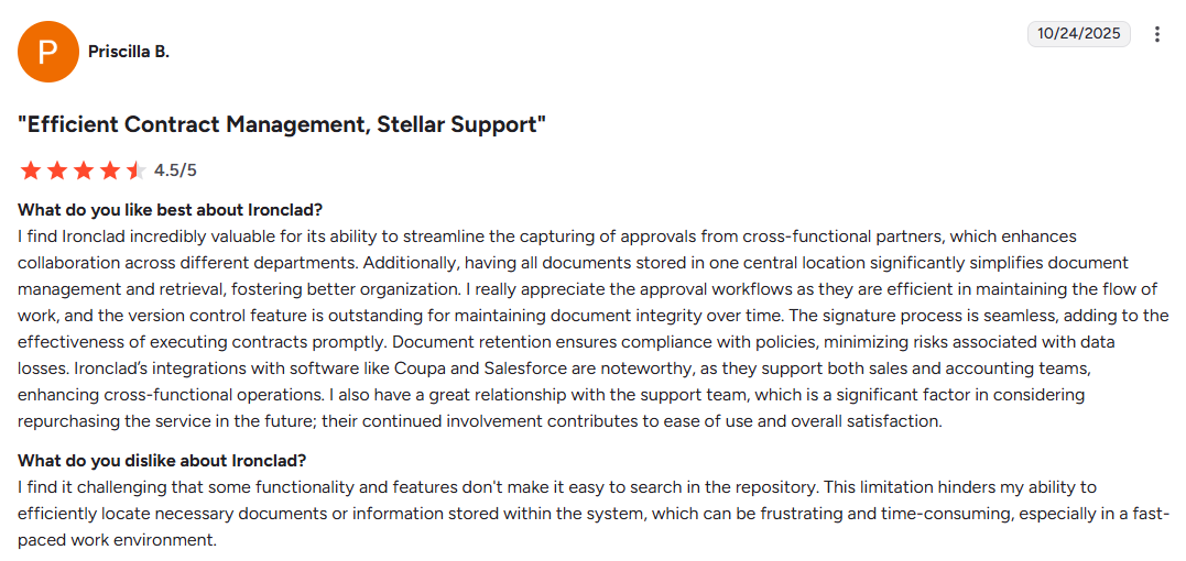 Ironclad 4.5-star user review praising efficient contract management