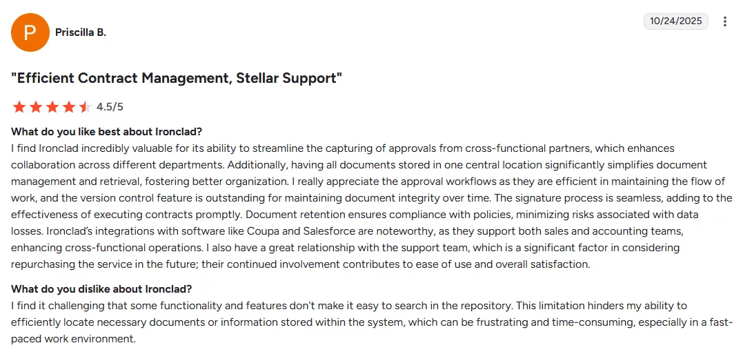 Ironclad 4.5-star user review praising efficient contract management