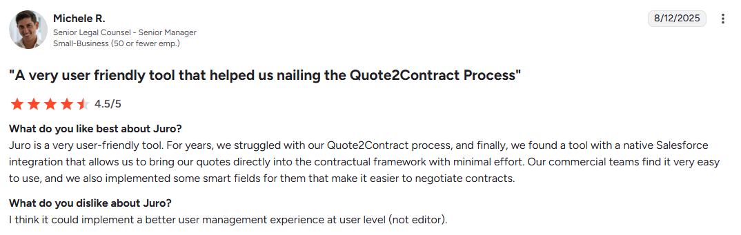 Juro review praises Salesforce integration and user-friendly tool