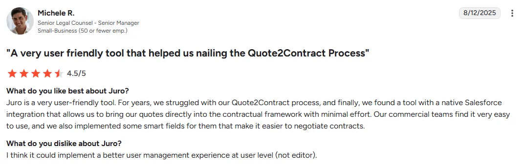 Juro review praises Salesforce integration and user-friendly tool
