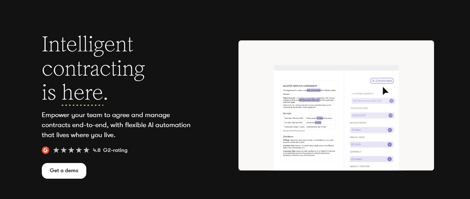 Screenshot showing automatic data extraction from a legal contract