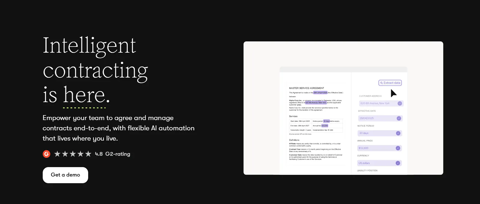 Screenshot showing automatic data extraction from a legal contract