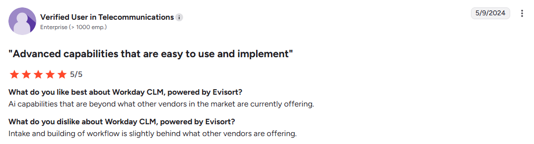 Evisort CLM review praises AI capabilities beyond other vendors