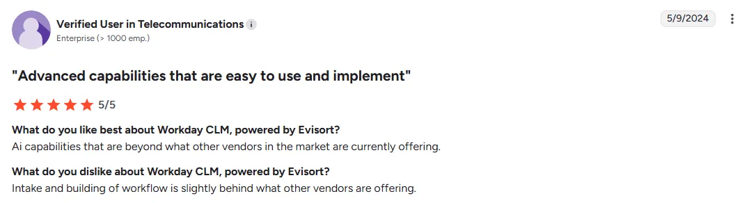 Evisort CLM review praises AI capabilities beyond other vendors