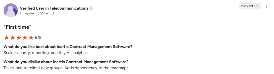 Review mentions Icertis strength in scale and security for enterprises