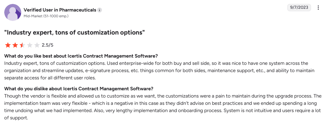User review about Icertis CLM being powerful but hard to implement