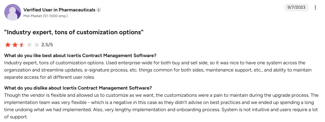 User review about Icertis CLM being powerful but hard to implement