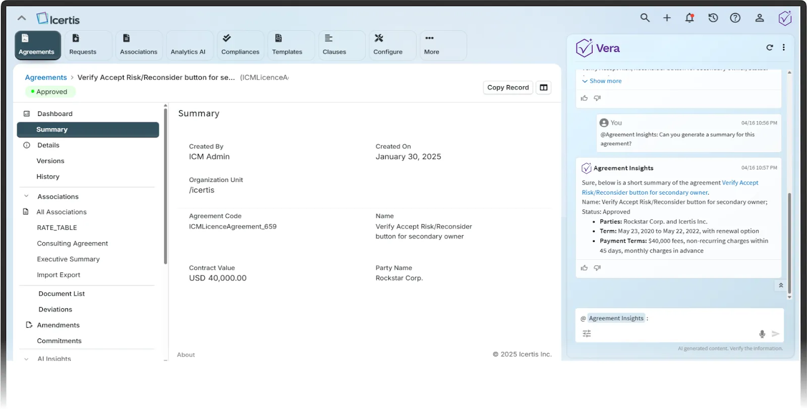 Icertis platform shows a contract summary and a chat with Vera AI