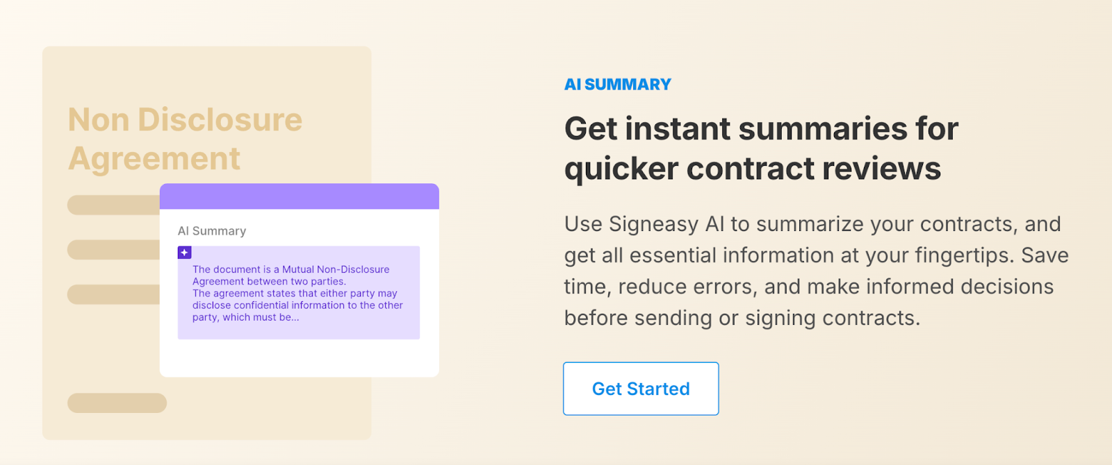 Signeasy AI displaying an automated contract summary next to an NDA document.