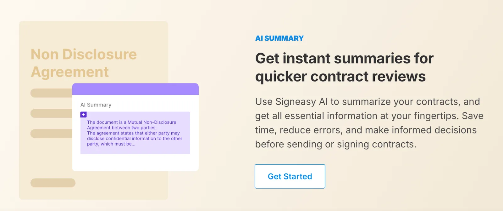 Signeasy AI displaying an automated contract summary next to an NDA document.