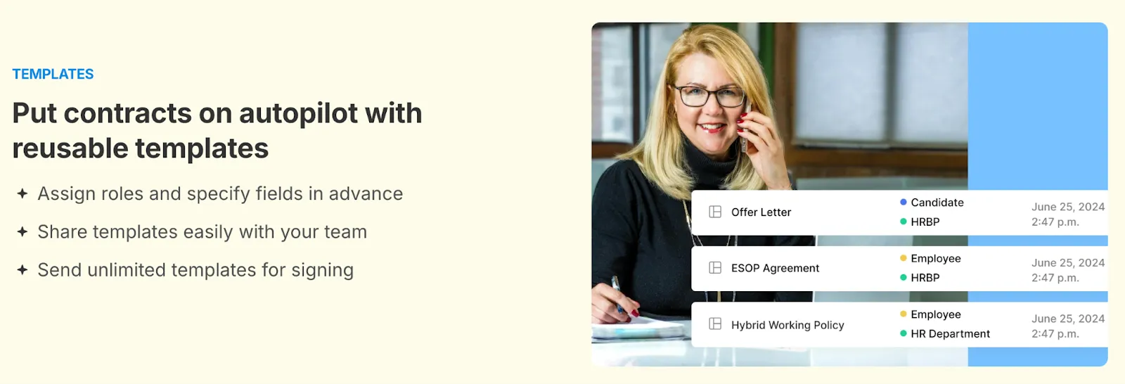 HR professional viewing a list of contract templates such as offer letters and policy documents within Signeasy.