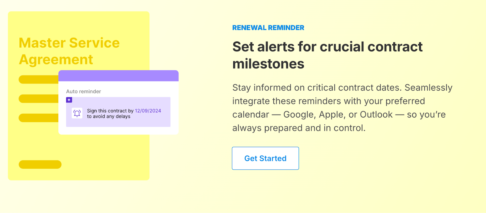 Illustration showing a Master Service Agreement with a Signeasy AI reminder alert for an upcoming contract deadline.