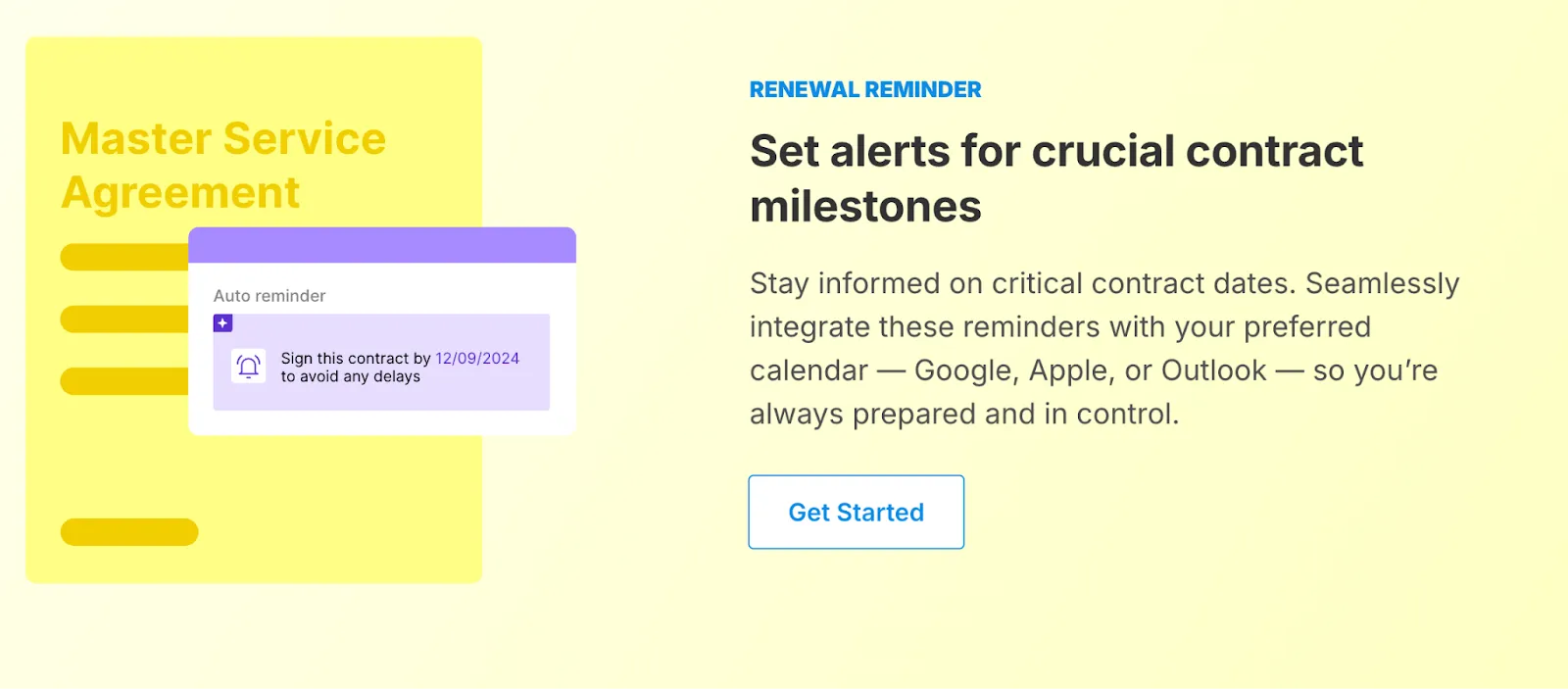 Illustration showing a Master Service Agreement with a Signeasy AI reminder alert for an upcoming contract deadline.