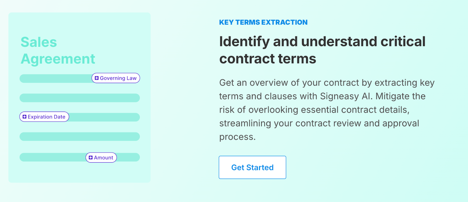 Illustration of a Sales Agreement with Signeasy AI highlighting key terms like governing law, expiration date, and amount for quick contract review.