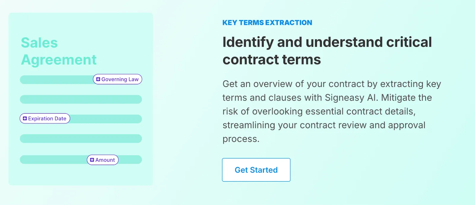 Illustration of a Sales Agreement with Signeasy AI highlighting key terms like governing law, expiration date, and amount for quick contract review.