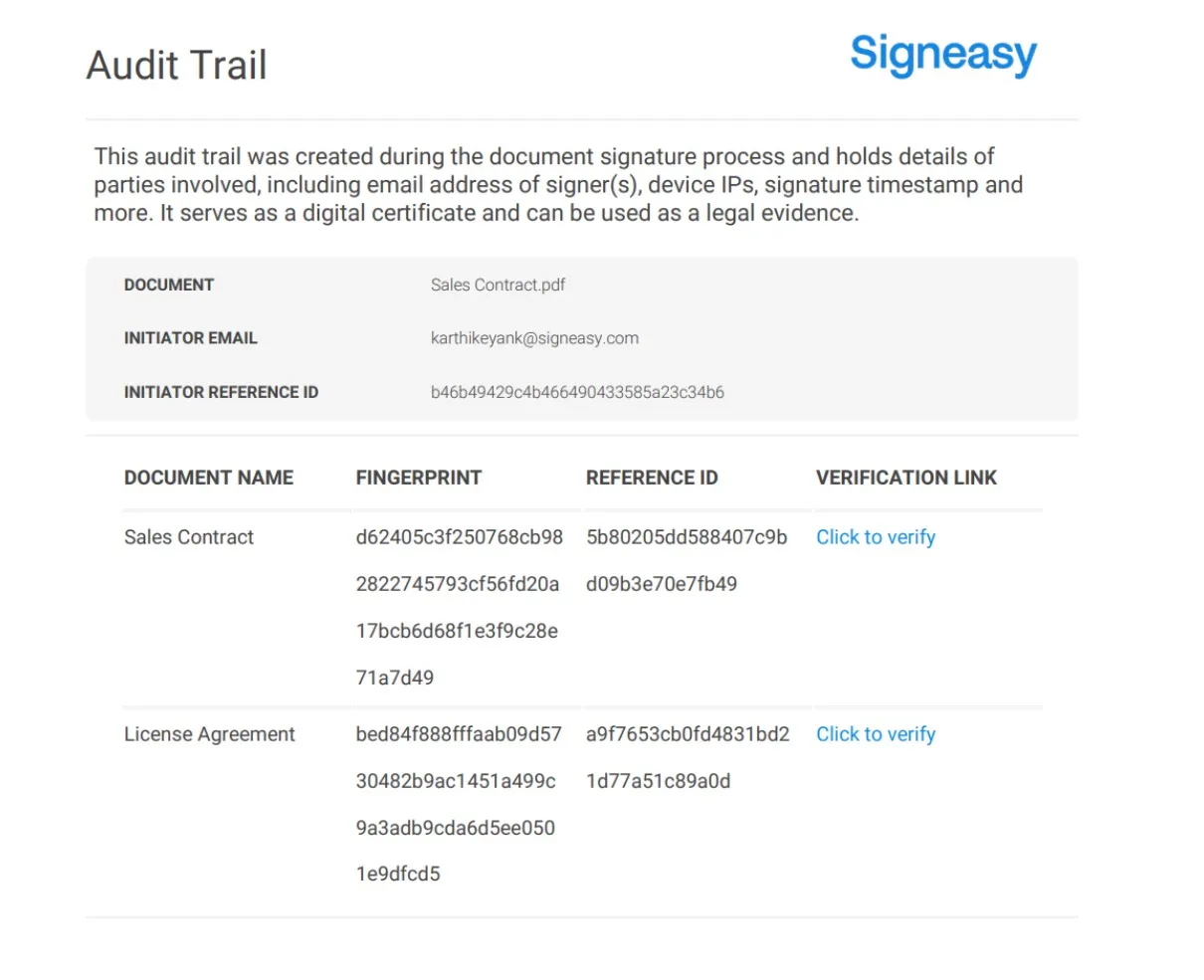 Signeasy audit trail listing 