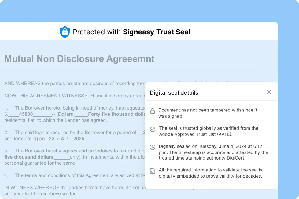 Document showing Signeasy Trust Seal with digital seal verification details.