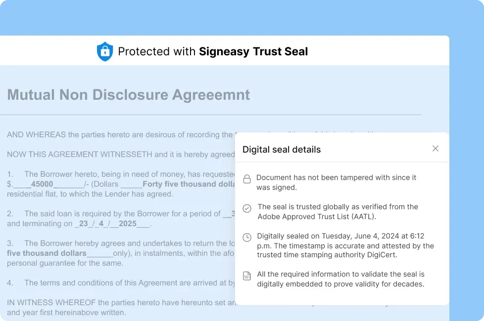 Document showing Signeasy Trust Seal with digital seal verification details.