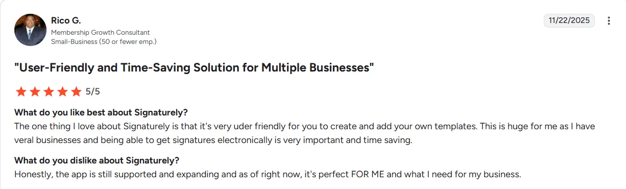 5-star review of Signaturely by Rico G. on G2