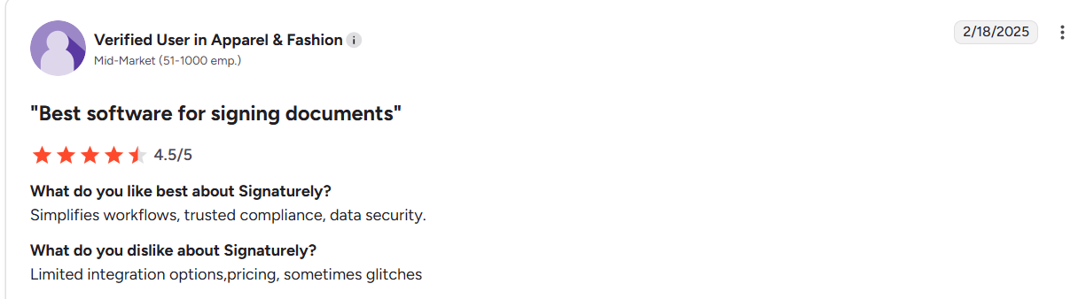 4.5-star review of Signaturely on G2 by a user from a mid-market business