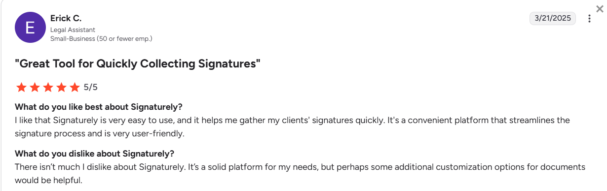 5-star review of Signaturely by a Legal Assistant on G2