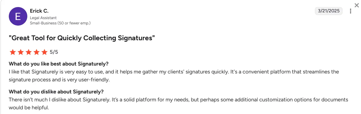 5-star review of Signaturely by a Legal Assistant on G2