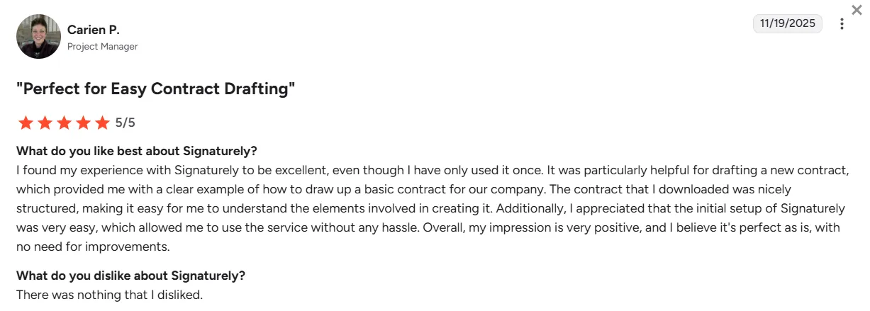 5-star review of Signaturely by Carien P., a Project Manager on G2