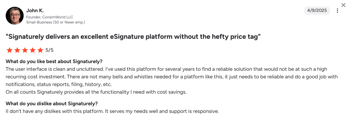 5-star review of Signaturely on G2 by John K.
