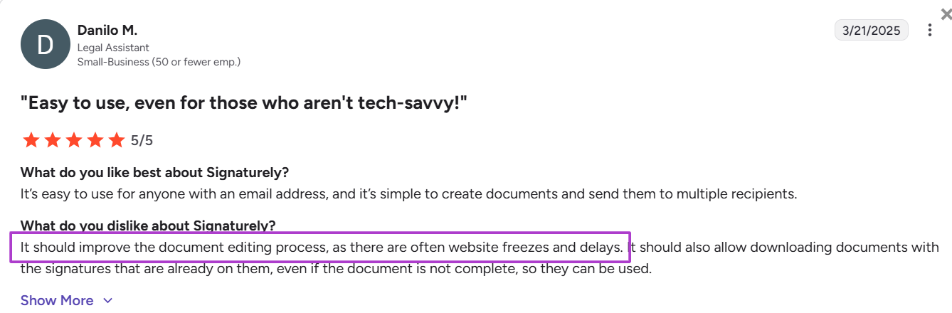 5-star review of Signaturely on G2 from a Legal Assistant