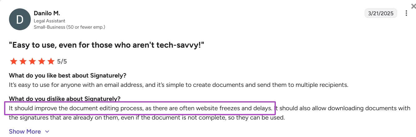 5-star review of Signaturely on G2 from a Legal Assistant