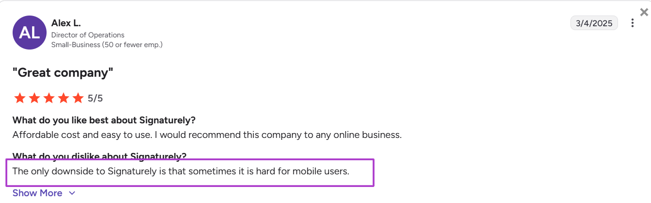 A Signaturely review by Alex L. on G2