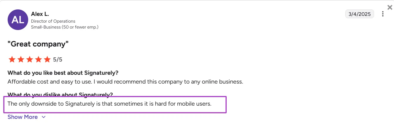 A Signaturely review by Alex L. on G2