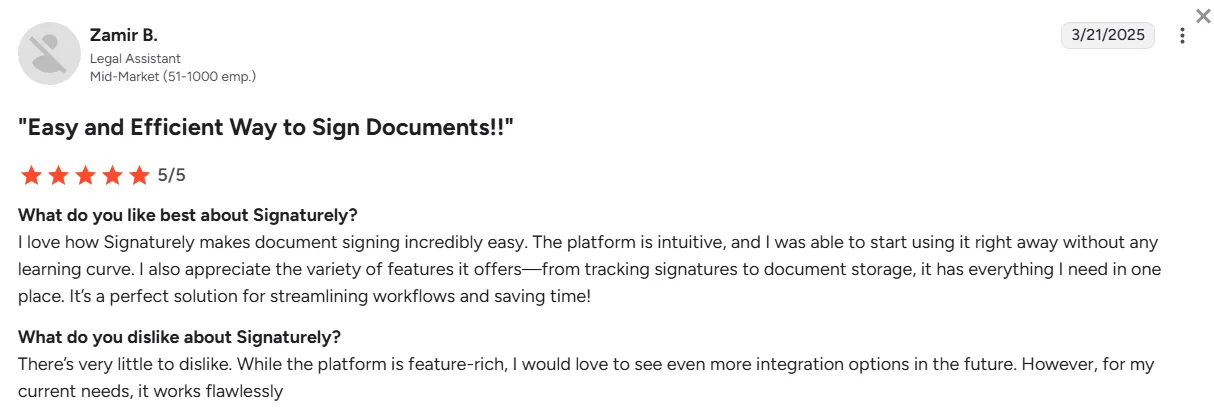 5-star review of Signaturely by Zamir B. on G2