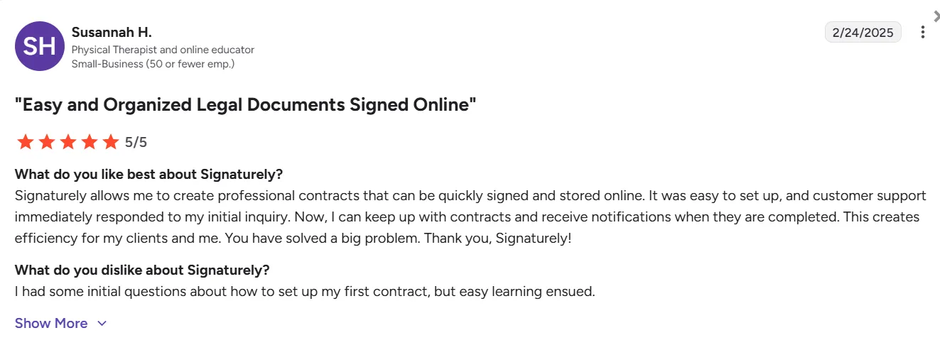 5-star review of Signaturely by a Physical Therapist